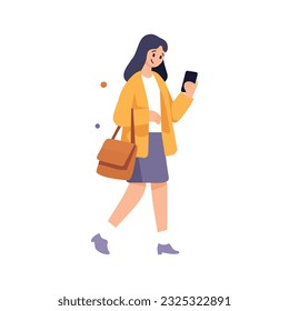 Hand Drawn woman walking with smartphone in flat style isolated on background