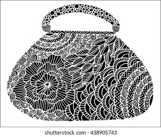 Hand drawn of woman's handbag. Doodle, zentangle, ornate, ornament style