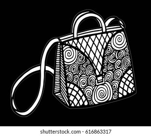 Hand drawn of woman's handbag. Doodle, ornate, ornament style