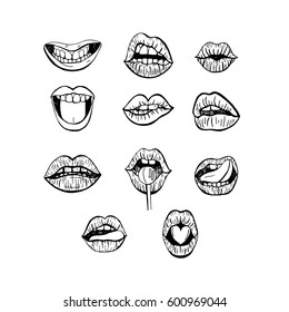 Hand drawn woman's lips. Graphic hand drawn illustration. 