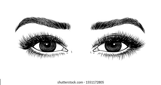 Hand Drawn Woman's Makeup Look With Shaped Eyebrows and Full Lashes. Idea for Salon Logo, Poster, and other. Vector Illustrations.