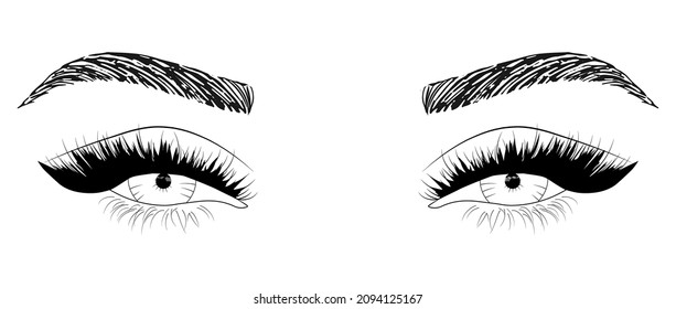 La apariencia sexy de maquillaje de la mujer dibujada a mano con cejas y pestañas perfectamente formadas. Ilustración vectorial para tarjeta de visita de negocios, tipografía, impresión. El aspecto de salón perfecto.