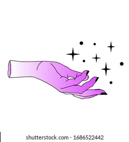 Hand drawn woman's hand with sparkles and stars in simple line art style. Vector illustration for tattoo design or fashion print.