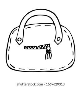 Hand drawn women bag, women purse stylish fashion vector illustration black on a white line. Design for print, poster, decoration.