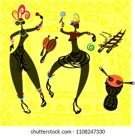 Hand drawn women in a cartoon style dancing ritual dance.  Vector illustration.