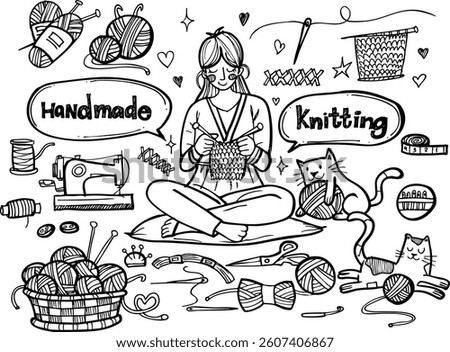 Hand drawn women creating needlework crafts,Set of handmade doodle items