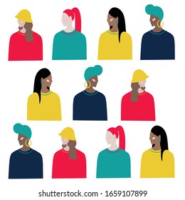 Hand drawn women faces. Colourful vector illustration. Flat style design. Concept, element for feminism, womens day card, poster, banner, wallpaper, packaging, background