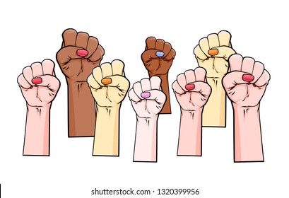 Hand drawn women fists, vector line art illustration, different nationals, women hands, vector illustration isolated on white background