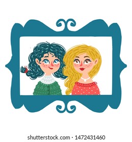 Hand drawn women with frame. Vector illustration with people, friend theme.