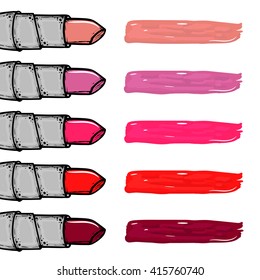 Hand drawn women lipstick chart palette. Shine and glossy, fashion and beauty trend. Sketch illustration. Cosmetics. Vector isolated objects.