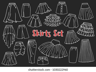 Hand drawn women skirts set, line art style on black background. Vector illustration