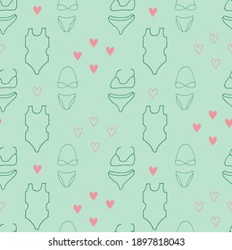 hand drawn Women swimsuit seamless pattern. Summer clothing for swimming Vector illustration