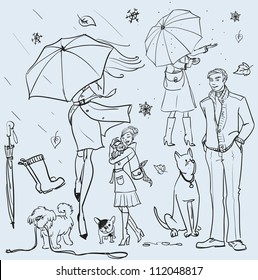 Hand Drawn Women With Umbrella, People Walking Dog, Sketch