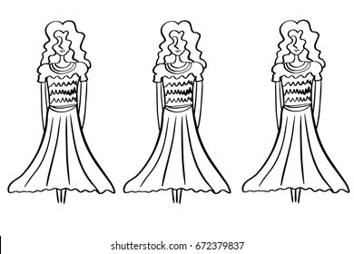 Hand drawn Women wear fashionable dress skirt fashion show. vector cartoon.