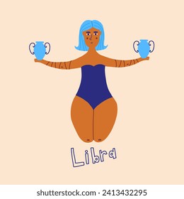 Hand Drawn women zodiac sign libra. Astrology character vector stylized illustration in vivid color