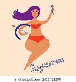 Hand Drawn women zodiac sign sagittarius. Astrology character vector stylized illustration in vivid color