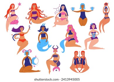 Hand Drawn women zodiac sign set illustration. Astrology character vector stylized illustration in vivid color