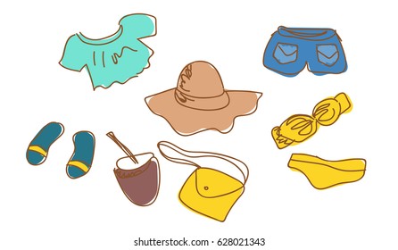 Hand drawn women's beach clothes. Wide-brimmed hat, mint top, blue denim shorts, yellow swimsuit, slippers and handbag. Summer shopping for girl fashion blogger. Cute illustration with stylish outfit