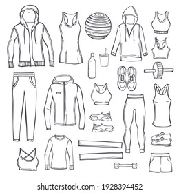 Hand drawn women's clothes for sports and fitness. Sport style shirts, pants, jackets, tops, shorts. Vector sketch  illustration.