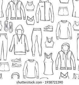 Hand drawn women's clothes for sports and fitness. Sport style shirts, pants, jackets, tops, shorts. Vector  seamless pattern. 