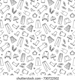 Hand drawn women's clothing. Vector illustration on white background. Seamless pattern