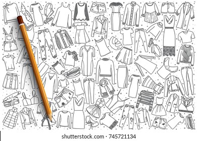 Hand drawn women's clothing vector doodle set background