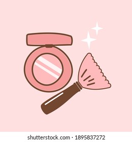 Hand drawn Women's cosmetic set with brush make up and cheek brush icon cartoon style on pink background vector illustration.