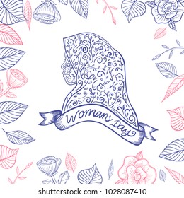 Hand Drawn Womens Day Illustration in Floral Muslimah Silhouette & Decoration Background with Typography Text . Vector Illustration eps.10