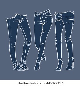 Hand drawn women's fashionable skinny denim jeans. Drawing blue jeans vector illustration. 