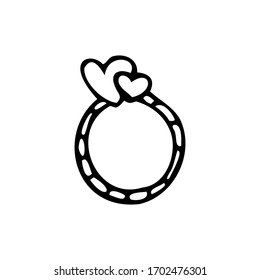 Hand drawn women's ring with two hearts isolated on a white background. Doodle, simple outline illustration. It can be used for decoration of textile, paper.