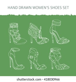 Hand drawn women's shoes set on green background. Hi heels, ankle straps.