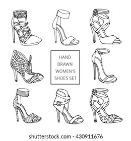 Hand drawn women's shoes silhouette set.