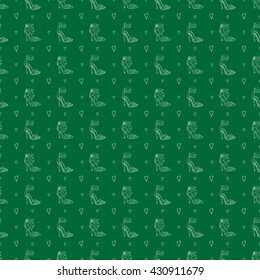 Hand drawn women's shoes silhouette pattern in green color.