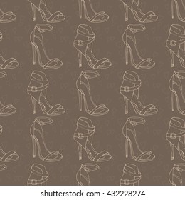 Hand drawn women's shoes silhouette pattern in brown and beige color.