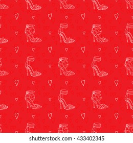 Hand drawn women's shoes silhouette pattern in red color.