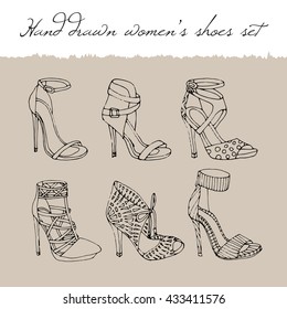 Hand drawn women's shoes silhouette set on beige wrapped paper.