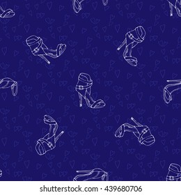 Hand drawn women's shoes silhouette pattern in blue color.