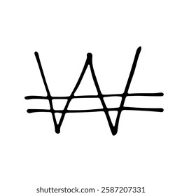 Hand drawn won currency symbol. Brush stroke doodle. Single element for design