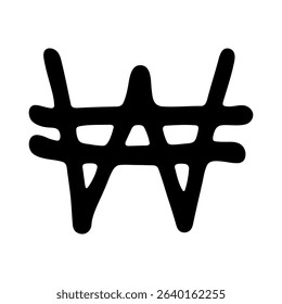 Hand drawn won currency symbol. Brush stroke doodle. Single element for design