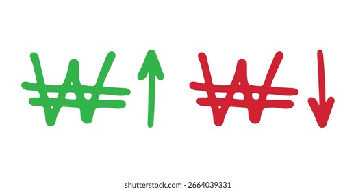 Dibujado a mano símbolo de moneda propia Crecimiento y caída de ganancias con flecha hacia arriba y hacia abajo Pincelada doodle Elemento para el diseño