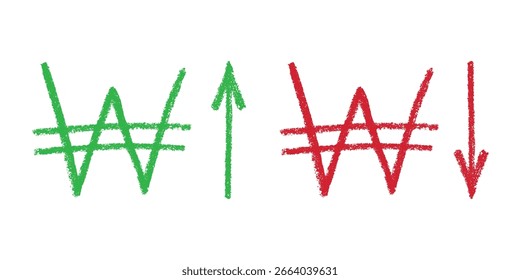 Handgezeichnetes Währungssymbol Wachstum und Herbst Gewinn mit Pfeil nach oben und unten Pinsel Schlaganfall doodle Element für Design