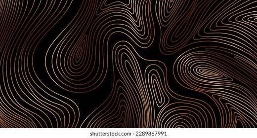 Hand drawn wood annual rings texture on black background. Golden wood grain texture. Vector background with wooden fibers. Contour of wood trunk rings. Wooden concentric circles pattern. Relief lines