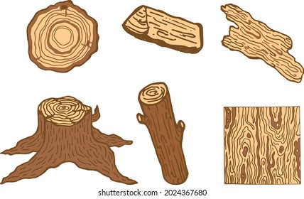 Hand Drawn Wood Collection Line Art Style. Vector Set With Wood, Stick and Lag in Doodle Style.