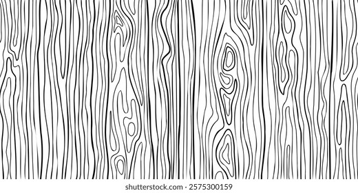 Hand drawn wood plank, seamless pattern, wood texture, black lines on white background, vector design