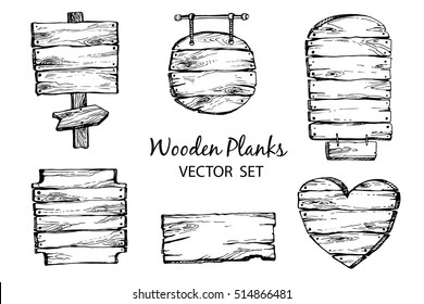 Hand drawn wood planks clipart. Vector set engraved retro style. Wood pointer, signboard, wooden heart. Rustic illustration.Perfect for blogs,lettering,pattern,invitation.