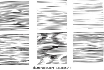 hand drawn wood texture linear black and white sketch outline. set of drawn textures with curved lines.  collection ink hand drawn graphic design elements isolated on white background