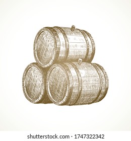 Hand drawn wooden barrels on vintage paper background - vector illustration.