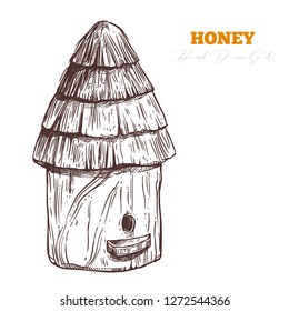 Hand drawn wooden bee hive with straw roof. Vector sketch for beekeeping and apiculture. Engraving illustration for honey and mead farm