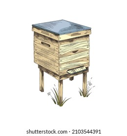 Hand drawn wooden beehive in colored sketch style, vector illustration isolated on white background. Concept of beekeeping, apiary and farming. House for bees with engraving.