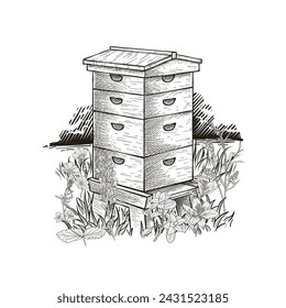 hand drawn wooden beehive vector illustration